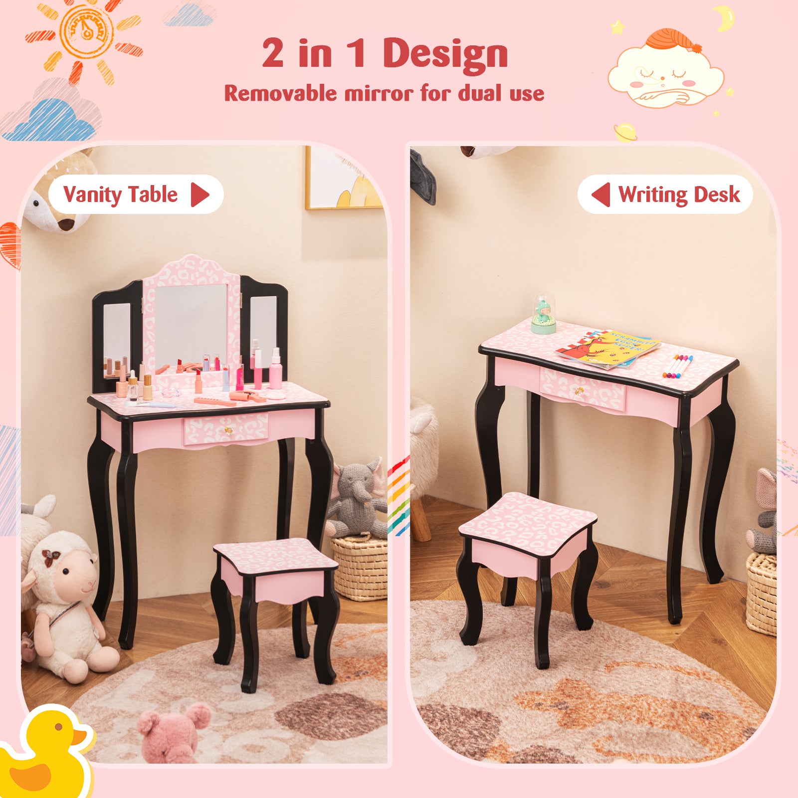 2 in 1 Princess Dressing Table Writing Desk with Cute Leopard Print 3 Makeup Accessories, Pink Kids Vanities   at Gallery Canada