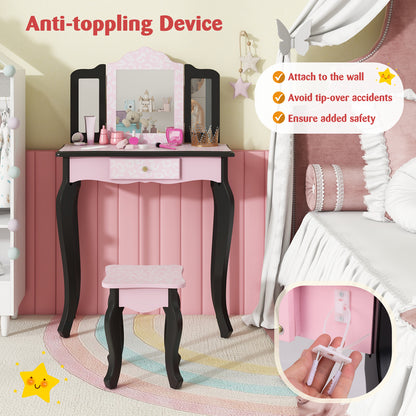 2 in 1 Princess Dressing Table Writing Desk with Cute Leopard Print 3 Makeup Accessories, Pink Kids Vanities   at Gallery Canada