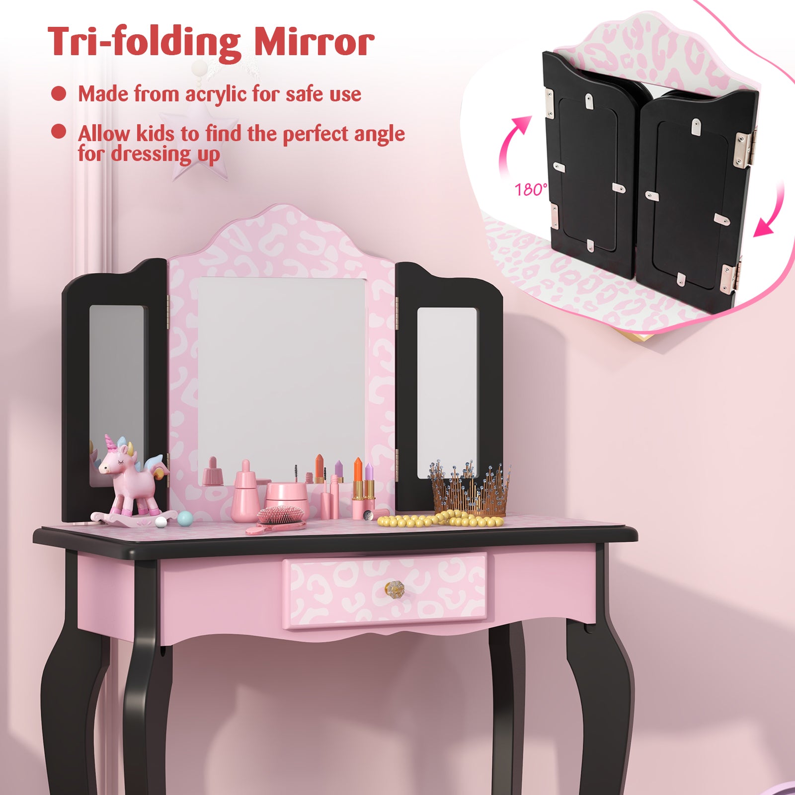 2 in 1 Princess Dressing Table Writing Desk with Cute Leopard Print 3 Makeup Accessories, Pink Kids Vanities   at Gallery Canada