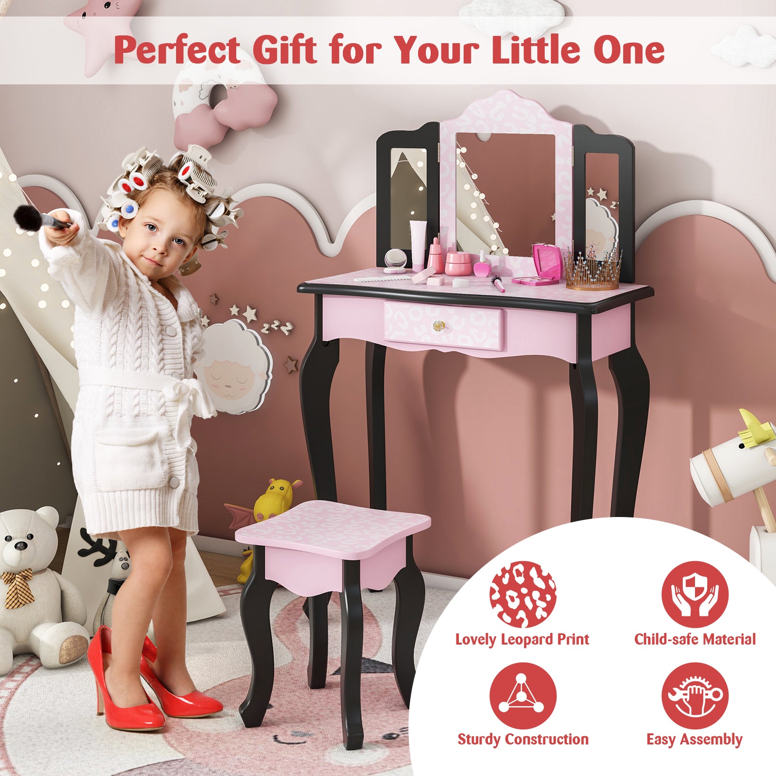 2 in 1 Princess Dressing Table Writing Desk with Cute Leopard Print 3 Makeup Accessories, Pink Kids Vanities   at Gallery Canada