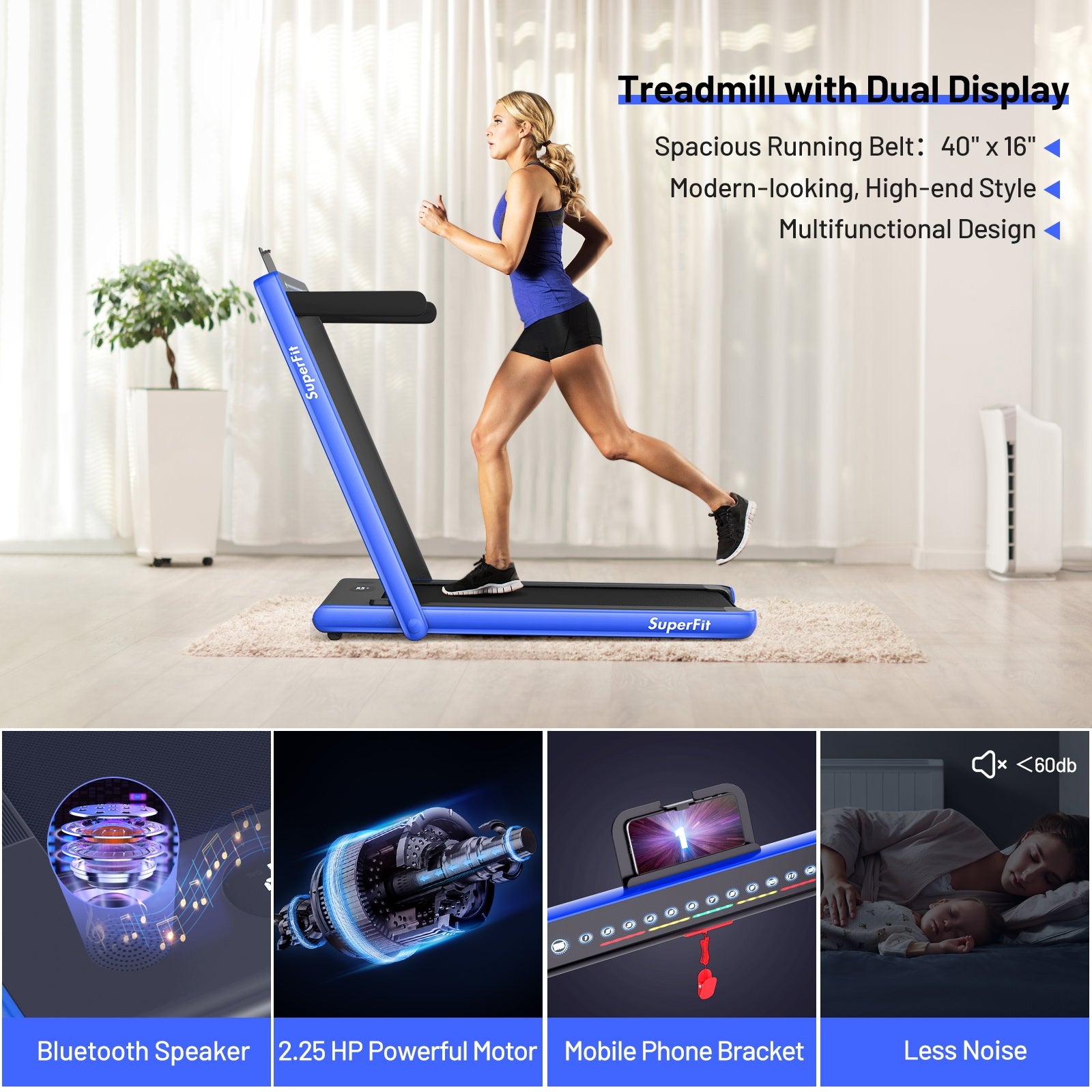 2-in-1 Electric Motorized Health and Fitness Folding Treadmill with Dual Display, Blue Treadmills at Gallery Canada