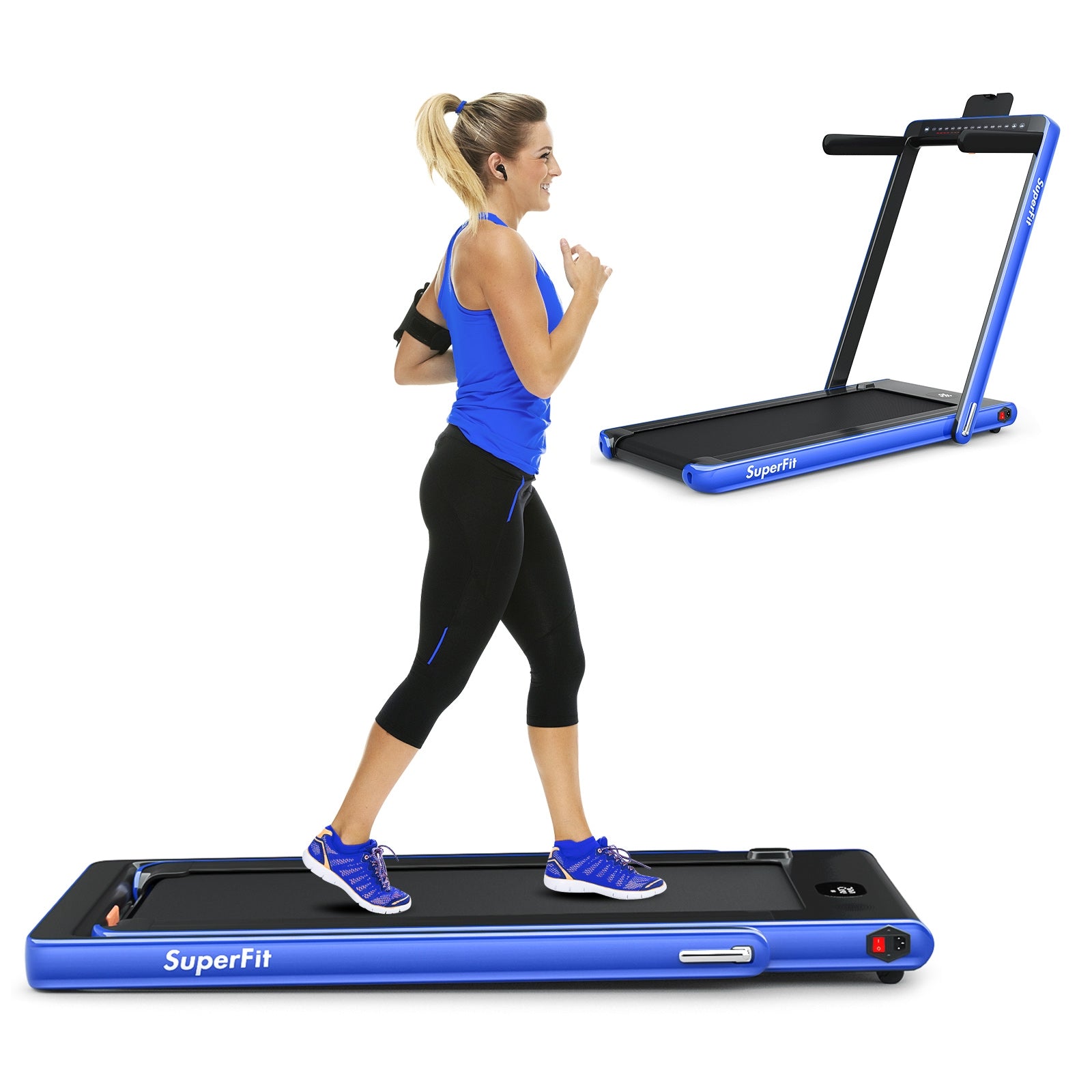 2-in-1 Electric Motorized Health and Fitness Folding Treadmill with Dual Display, Blue Treadmills at Gallery Canada