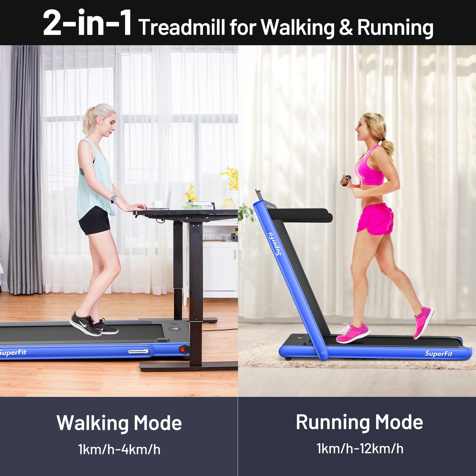2-in-1 Electric Motorized Health and Fitness Folding Treadmill with Dual Display, Blue Treadmills at Gallery Canada