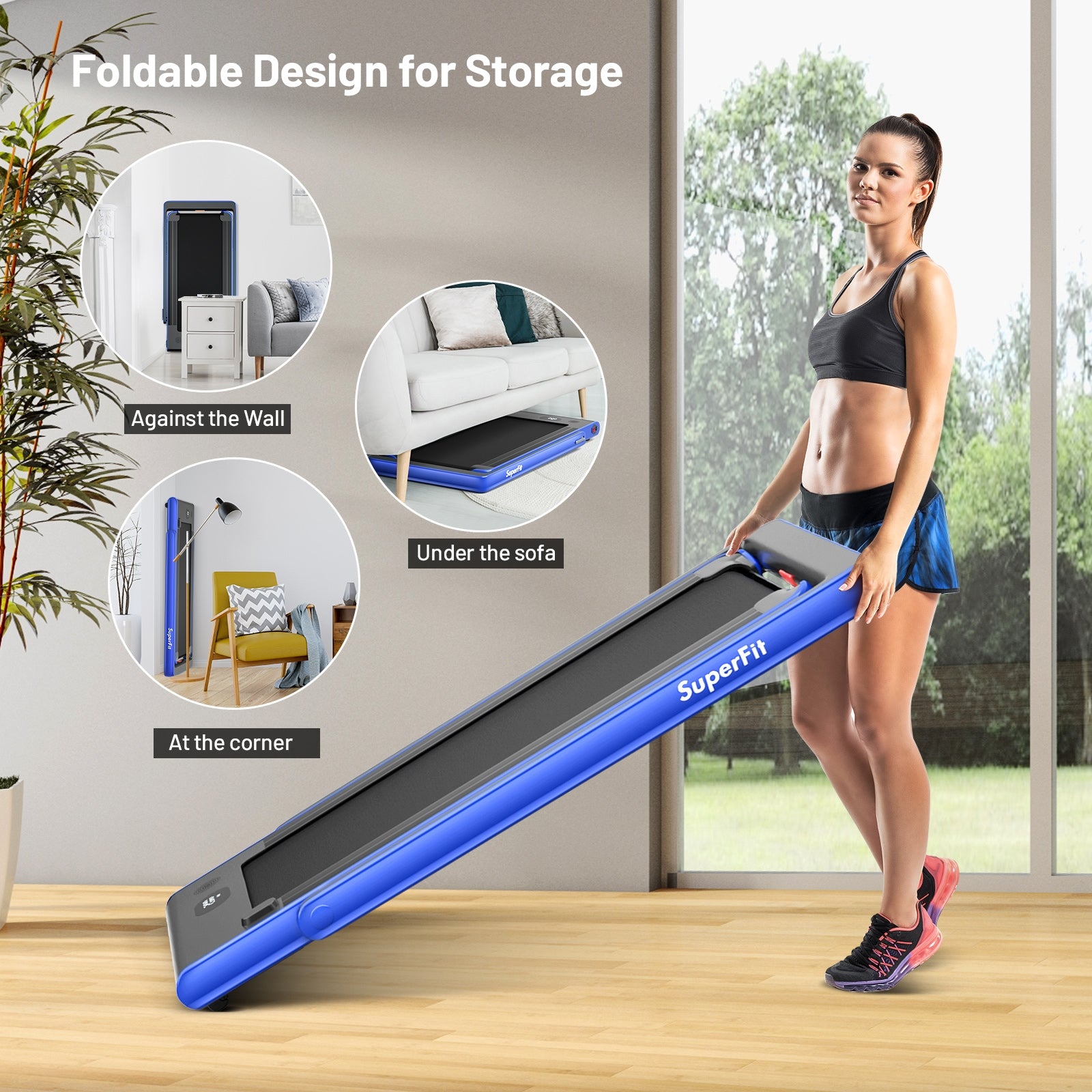 2-in-1 Electric Motorized Health and Fitness Folding Treadmill with Dual Display, Blue Treadmills at Gallery Canada