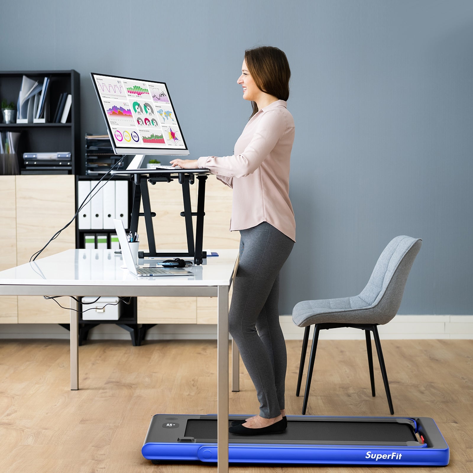 2-in-1 Electric Motorized Health and Fitness Folding Treadmill with Dual Display, Blue Treadmills at Gallery Canada