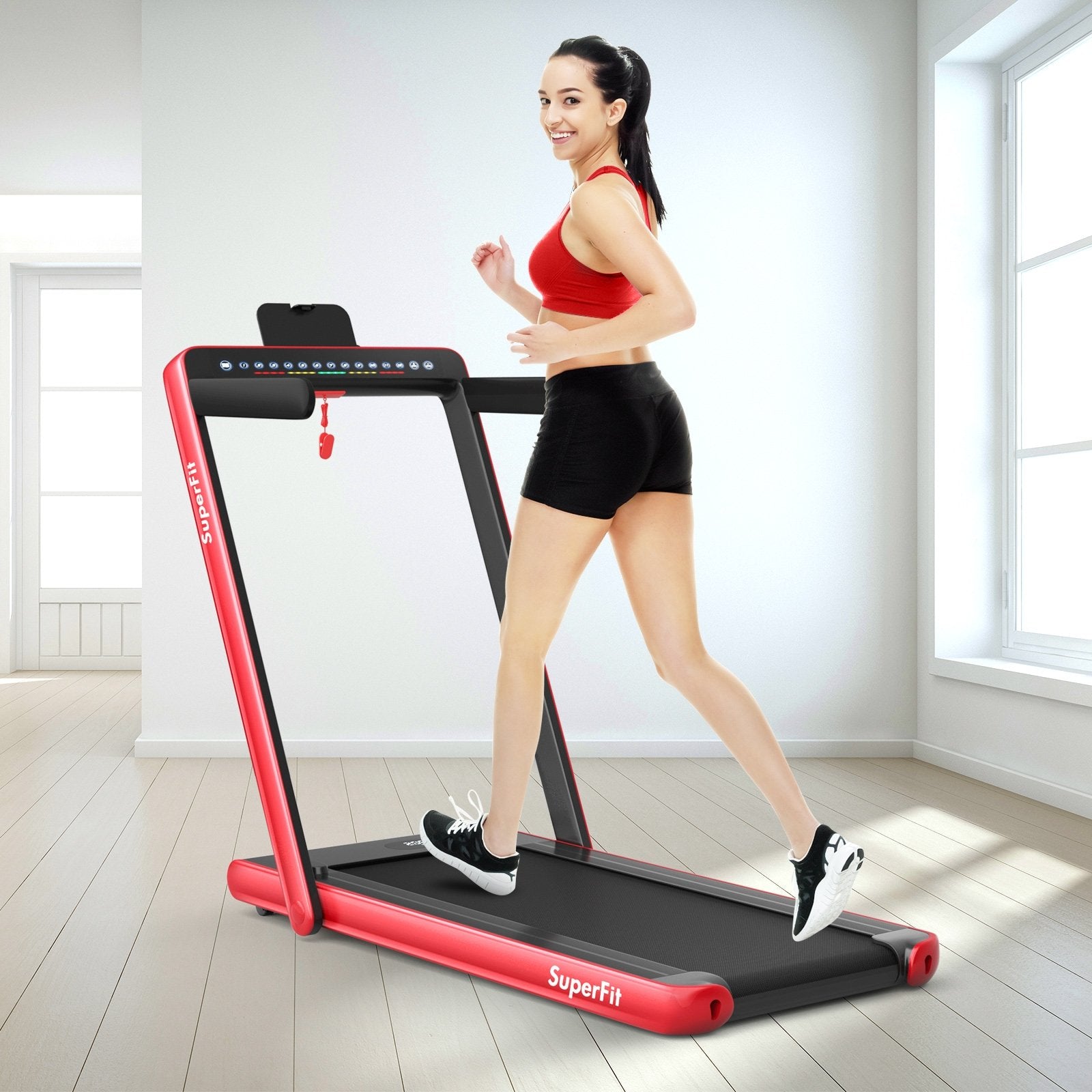 2-in-1 Electric Motorized Health and Fitness Folding Treadmill with Dual Display and Speaker, Red Treadmills at Gallery Canada