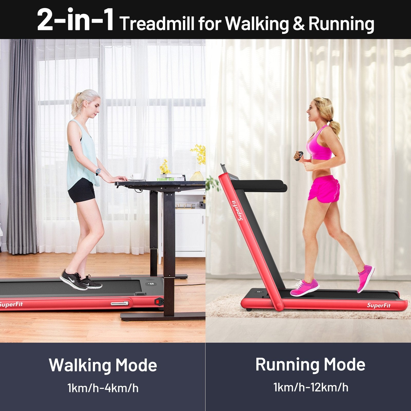 2-in-1 Electric Motorized Health and Fitness Folding Treadmill with Dual Display and Speaker, Red Treadmills at Gallery Canada