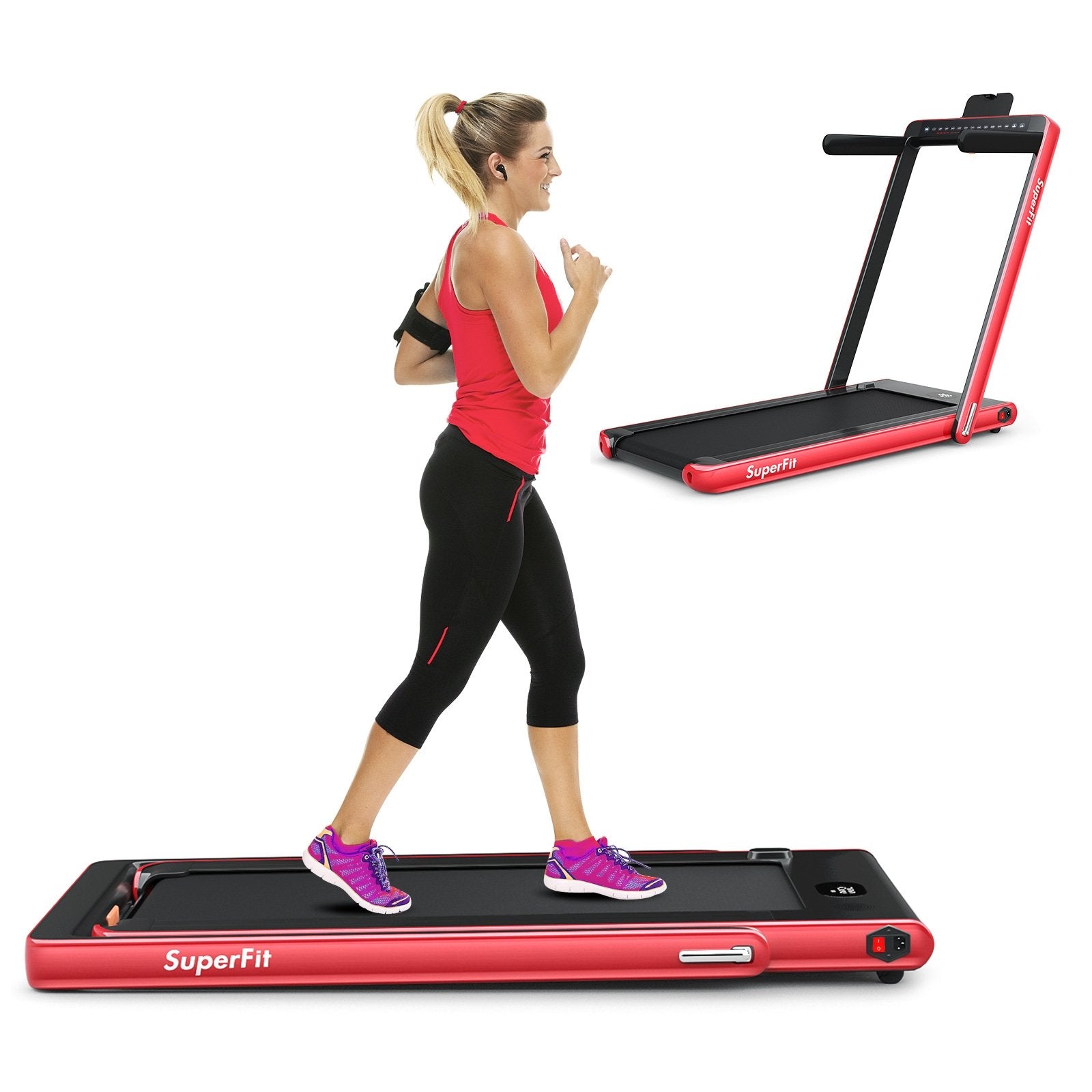2-in-1 Electric Motorized Health and Fitness Folding Treadmill with Dual Display and Speaker, Red Treadmills at Gallery Canada