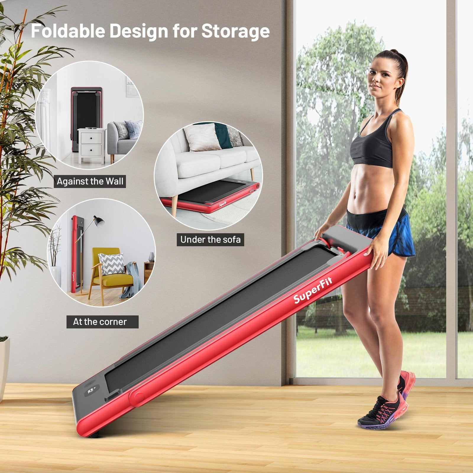2-in-1 Electric Motorized Health and Fitness Folding Treadmill with Dual Display and Speaker, Red Treadmills at Gallery Canada