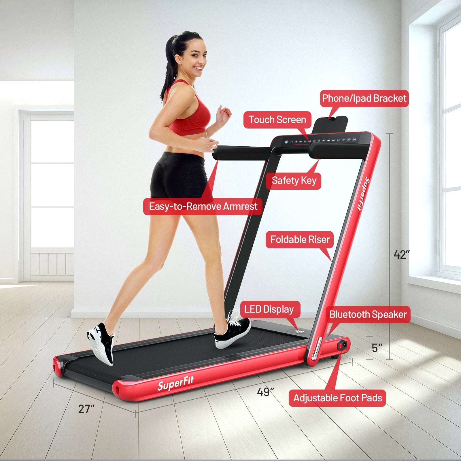 2-in-1 Electric Motorized Health and Fitness Folding Treadmill with Dual Display and Speaker, Red Treadmills at Gallery Canada