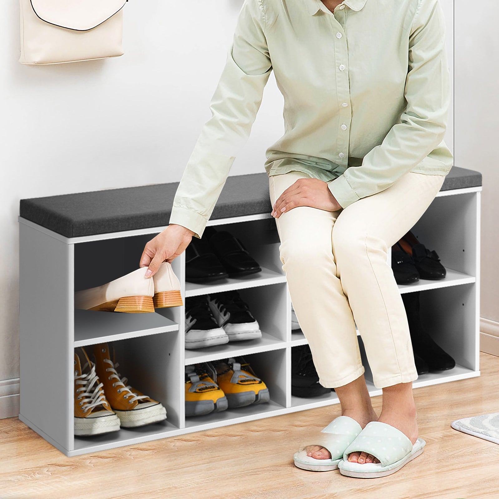 10-Cube Organizer Entryway Padded Shoe Storage Bench, White Shoe Racks & Storage Benches at Gallery Canada