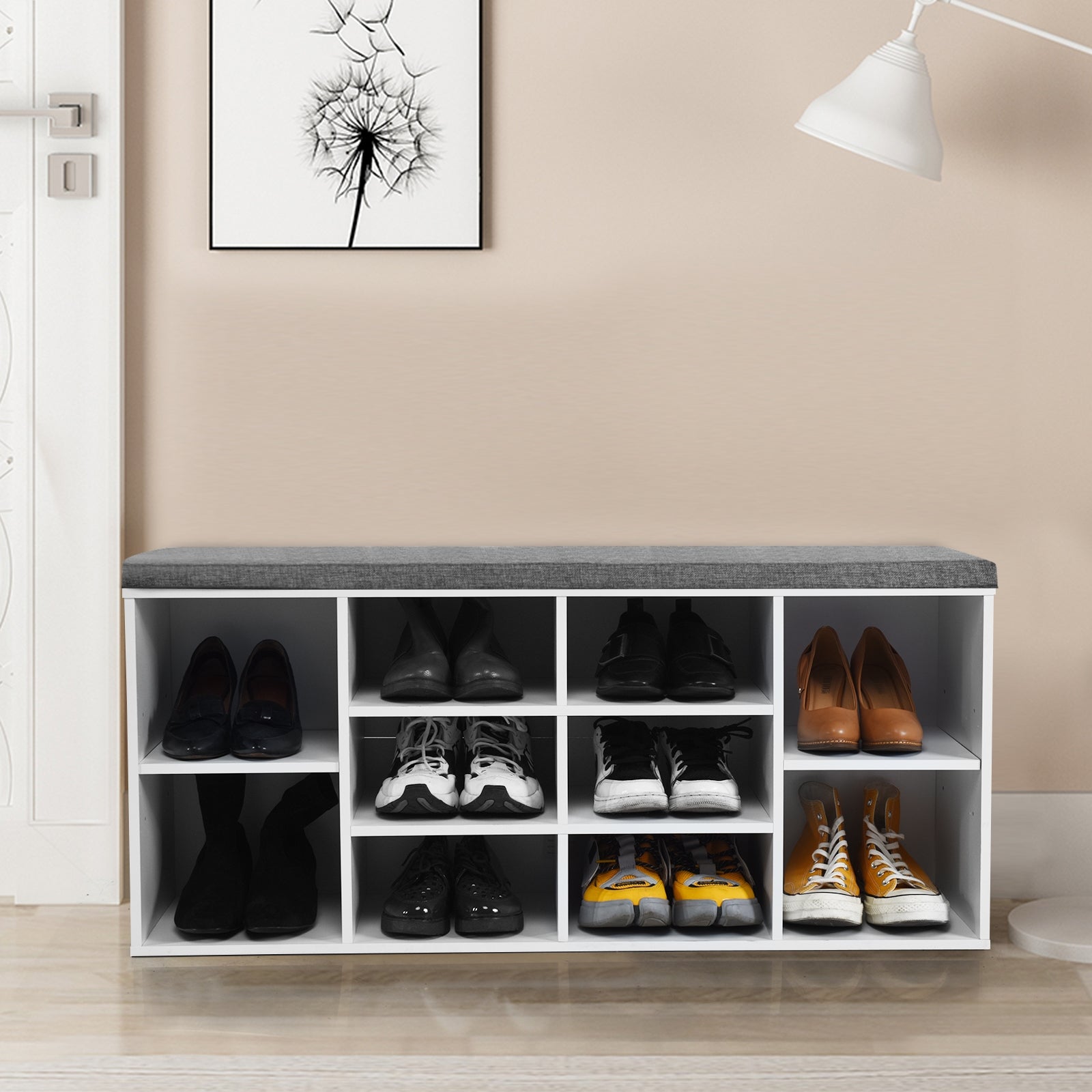 10-Cube Organizer Entryway Padded Shoe Storage Bench, White Shoe Racks & Storage Benches at Gallery Canada