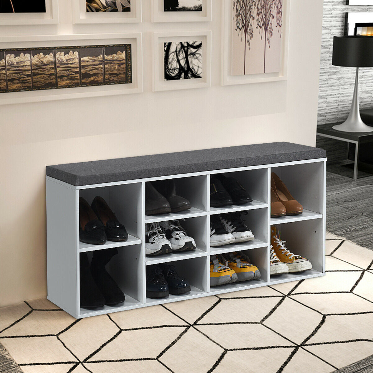 10-Cube Organizer Entryway Padded Shoe Storage Bench, White Shoe Racks & Storage Benches at Gallery Canada