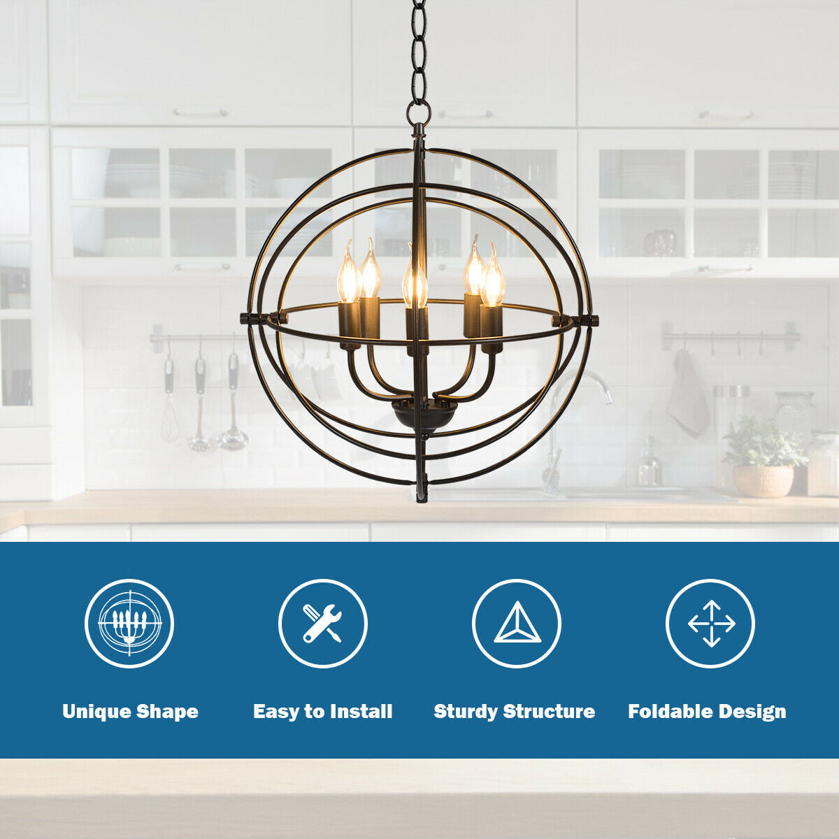 20 Inch 5 Lights Metal Chandelier with Pivoting Interlocking Rings, Black Ceiling Lights at Gallery Canada
