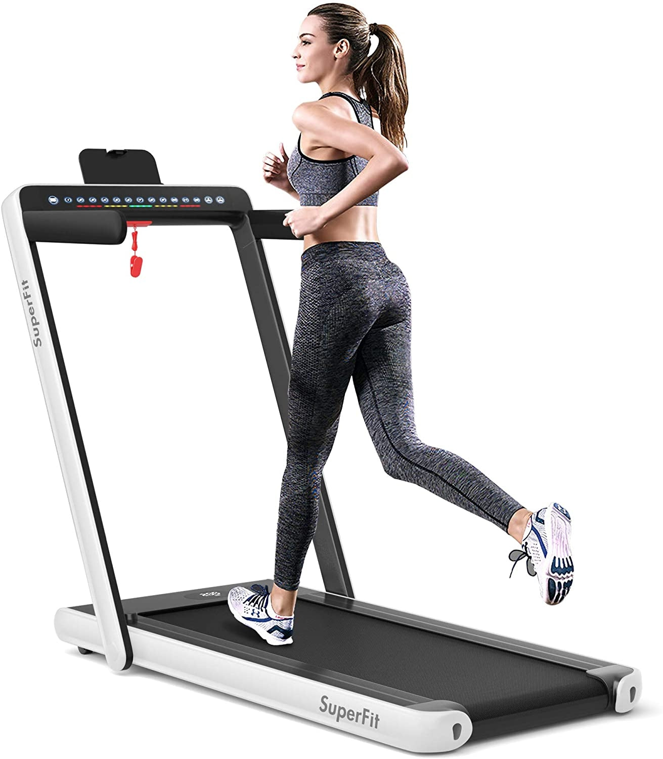 2-in-1 Electric Motorized Health and Fitness Folding Treadmill with Dual Display and Speaker, White Treadmills at Gallery Canada