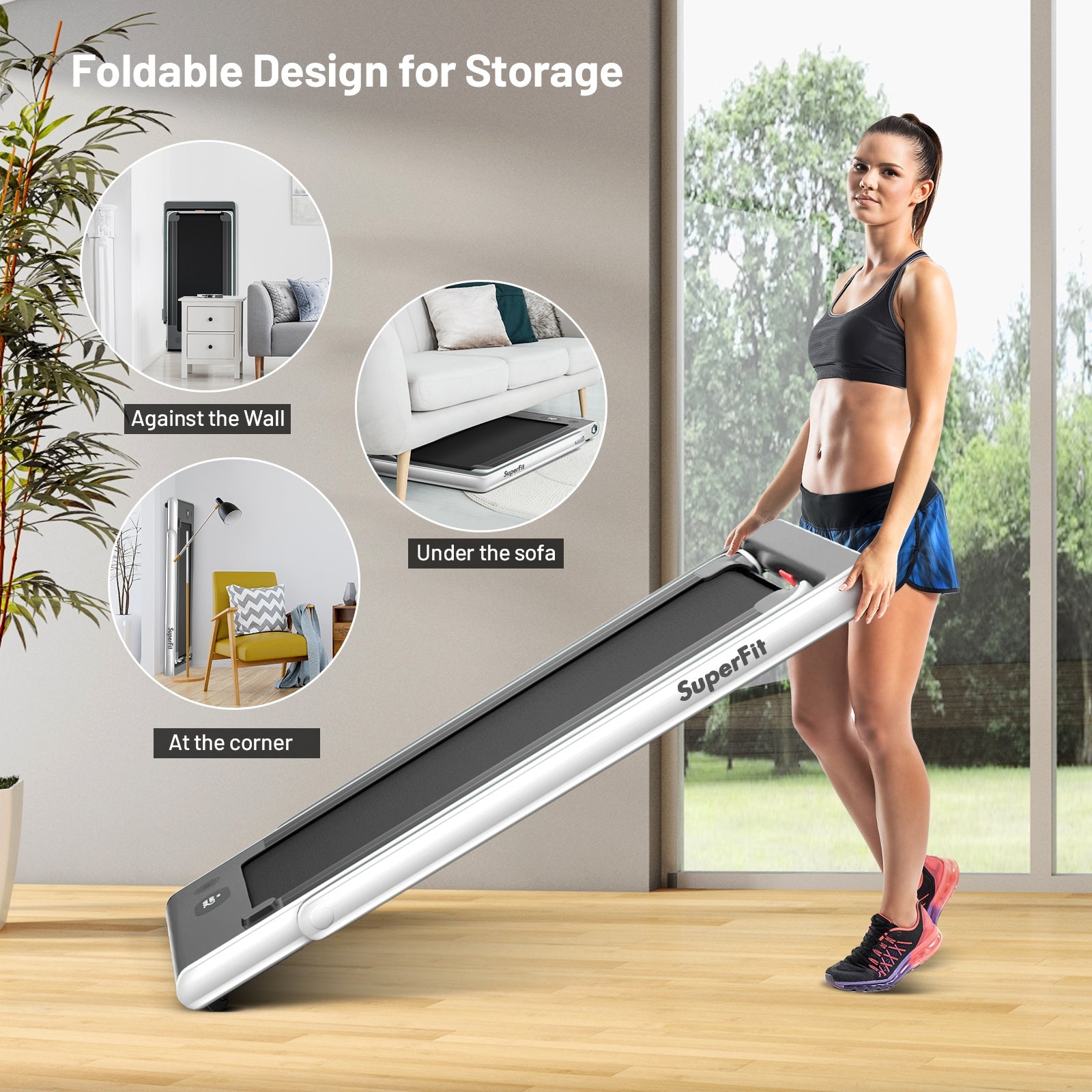2-in-1 Electric Motorized Health and Fitness Folding Treadmill with Dual Display and Speaker, White Treadmills at Gallery Canada