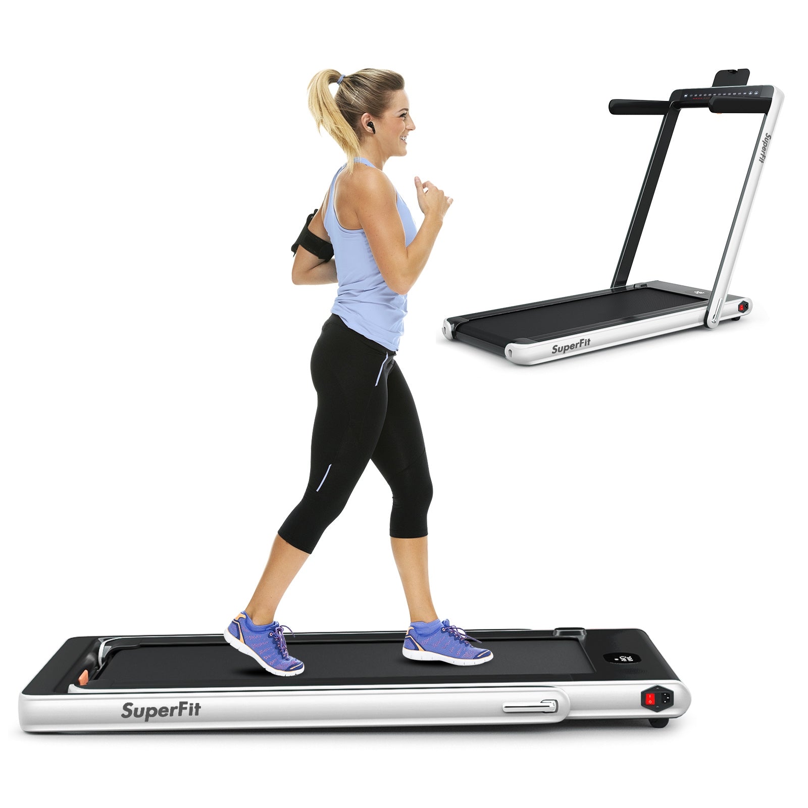 2-in-1 Electric Motorized Health and Fitness Folding Treadmill with Dual Display and Speaker, White Treadmills at Gallery Canada