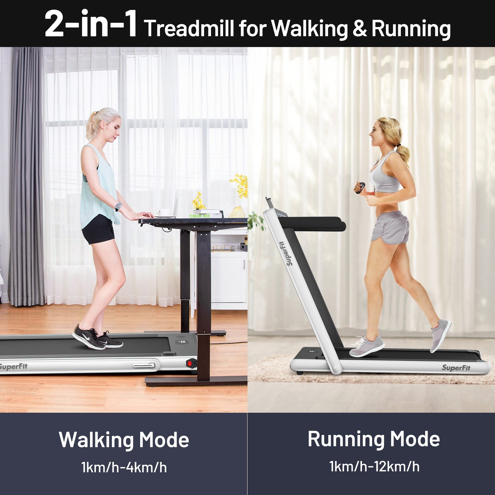 2-in-1 Electric Motorized Health and Fitness Folding Treadmill with Dual Display and Speaker, White Treadmills at Gallery Canada