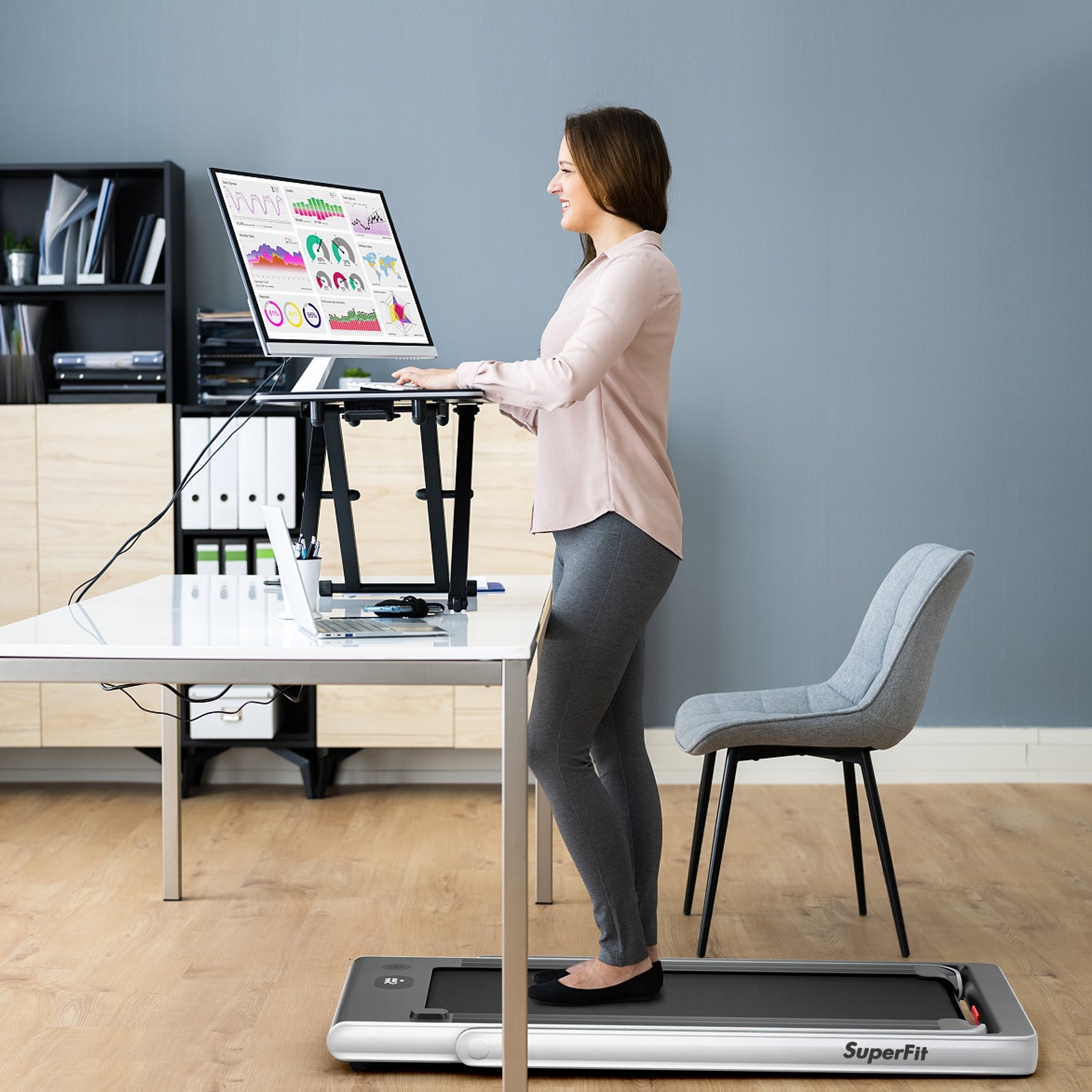 2-in-1 Electric Motorized Health and Fitness Folding Treadmill with Dual Display and Speaker, White Treadmills at Gallery Canada