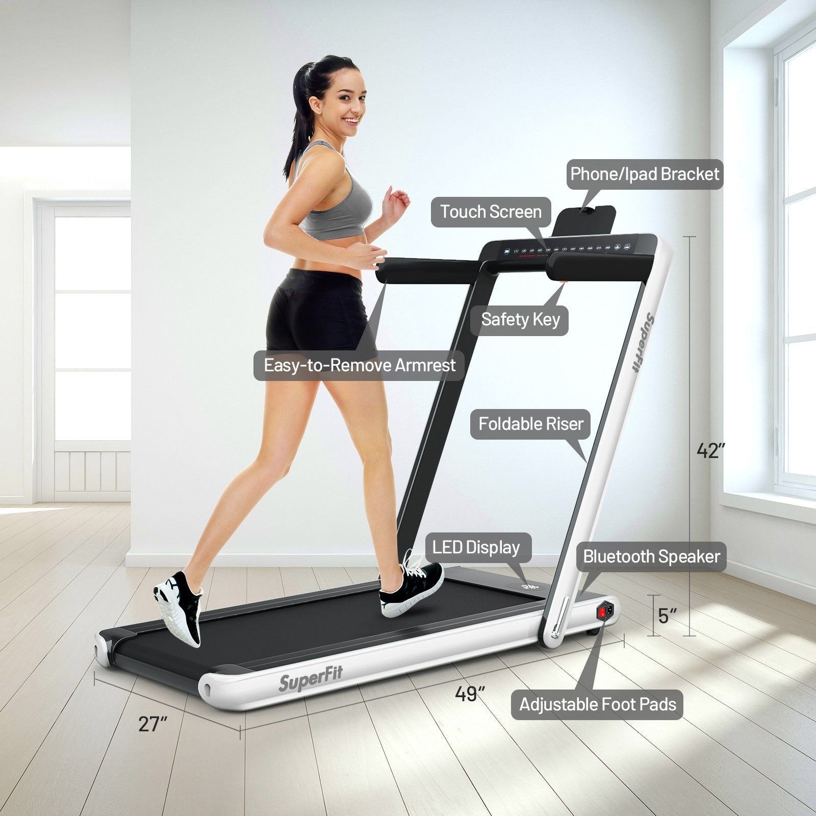 2-in-1 Electric Motorized Health and Fitness Folding Treadmill with Dual Display and Speaker, White Treadmills at Gallery Canada