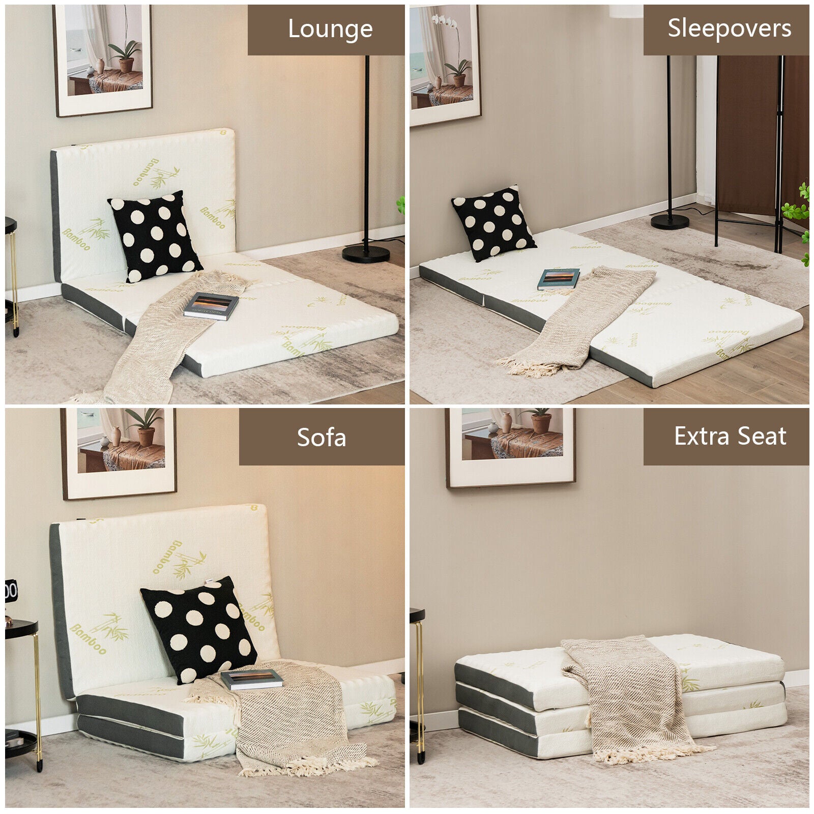 Queen 3 Inch Tri-fold Memory Foam Floor Mattress Topper Portable with Carrying Bag-S, White Mattresses at Gallery Canada