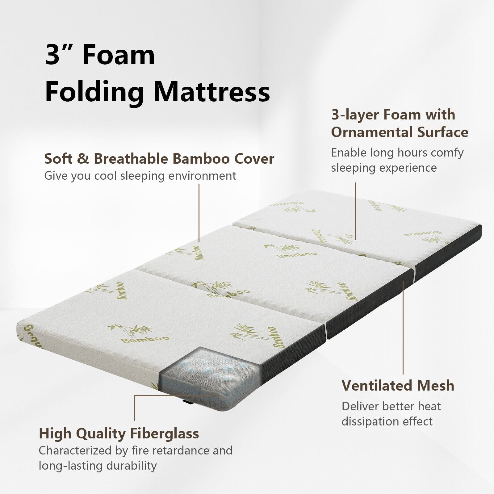 Queen 3 Inch Tri-fold Memory Foam Floor Mattress Topper Portable with Carrying Bag-S, White Mattresses at Gallery Canada