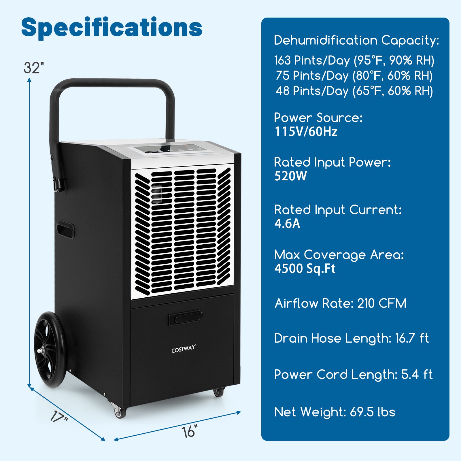 140 Pints Commercial Dehumidifier Crawl Space Dehumidifier with Pump and Drain Hose, White Dehumidifiers at Gallery Canada