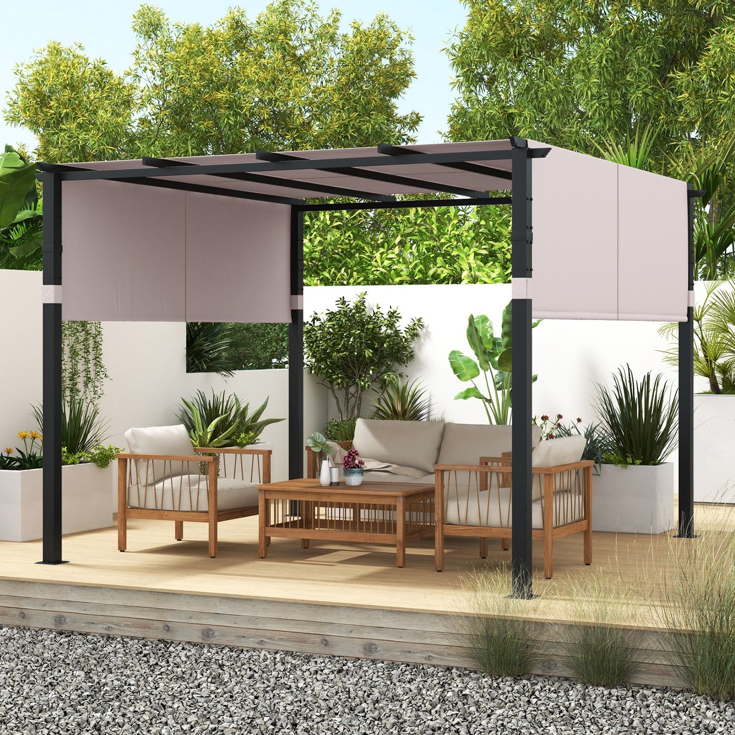 10 x 10 ft Flat Top Pergola with Retractable Canopy for Garden Pool Porch and Backyard, Gray Gazebos   at Gallery Canada