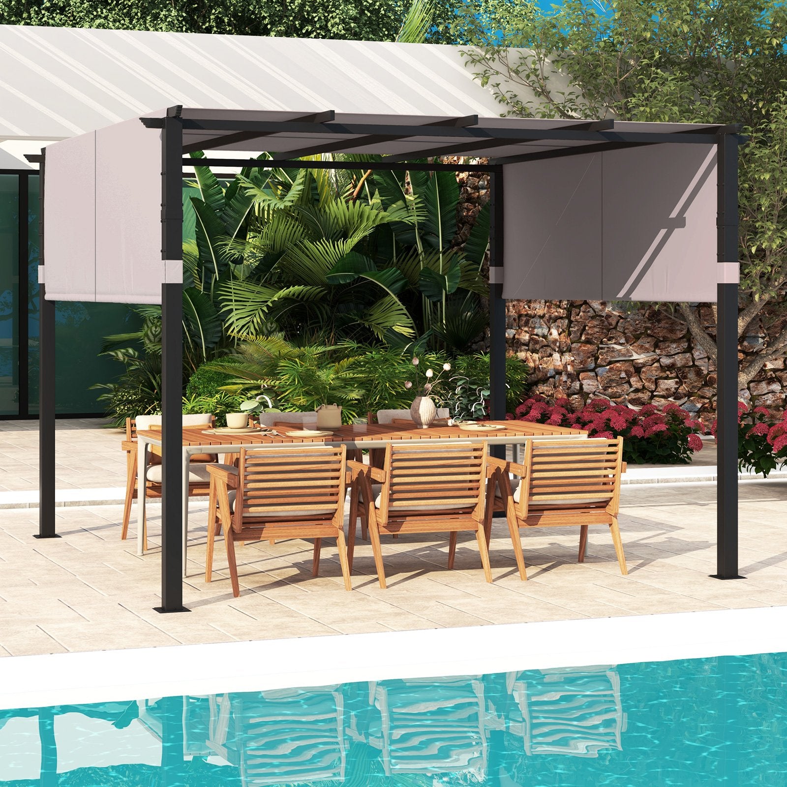 10 x 10 ft Flat Top Pergola with Retractable Canopy for Garden Pool Porch and Backyard, Gray Gazebos   at Gallery Canada