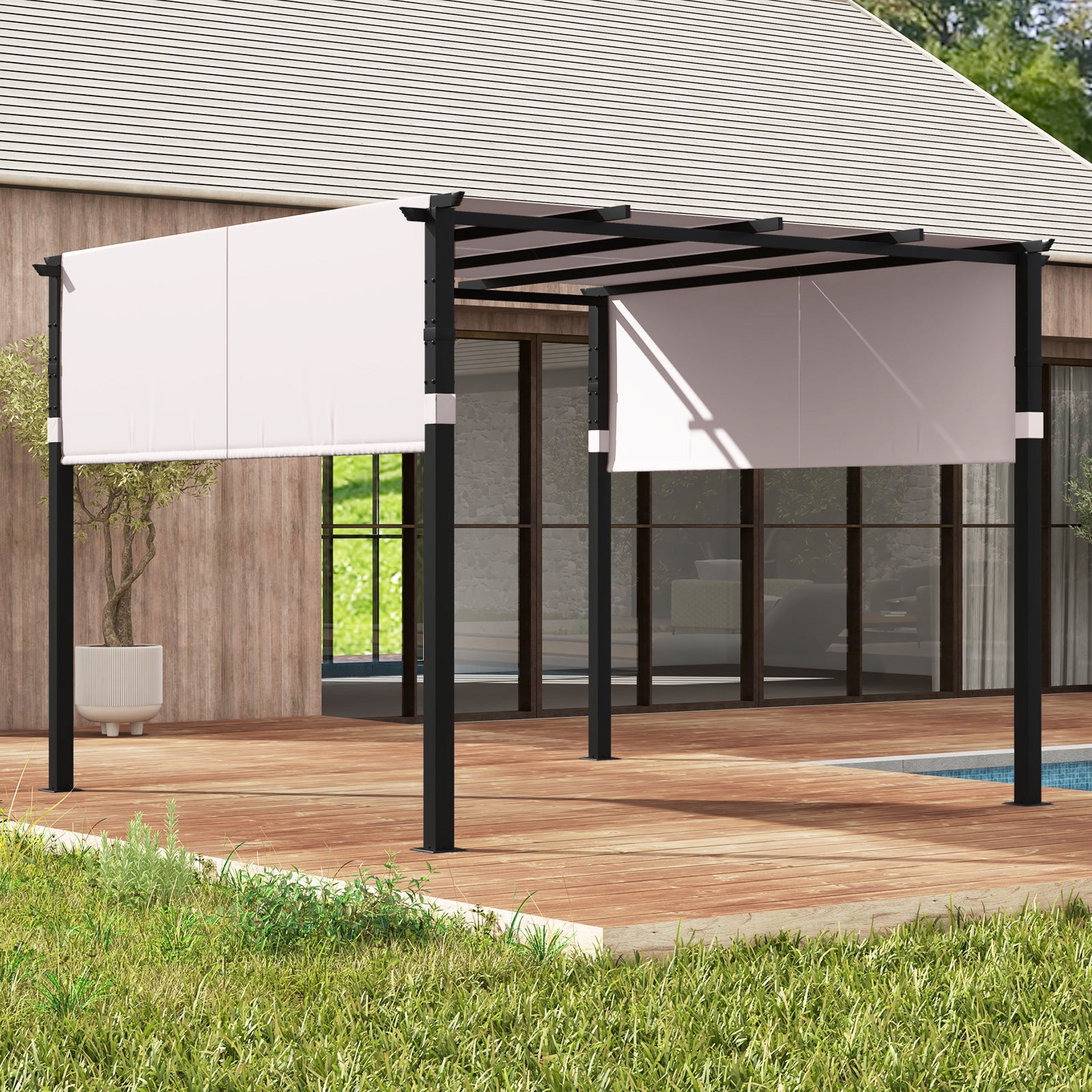 10 x 10 ft Flat Top Pergola with Retractable Canopy for Garden Pool Porch and Backyard, Gray Gazebos   at Gallery Canada