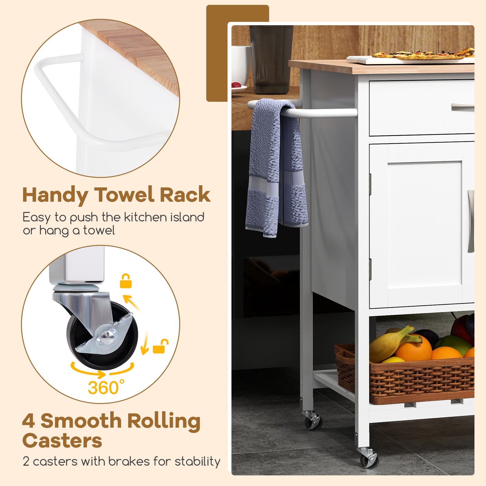 Rolling Kitchen Island Cart with Drawer and Towel Rack, White Kitchen Islands & Carts   at Gallery Canada