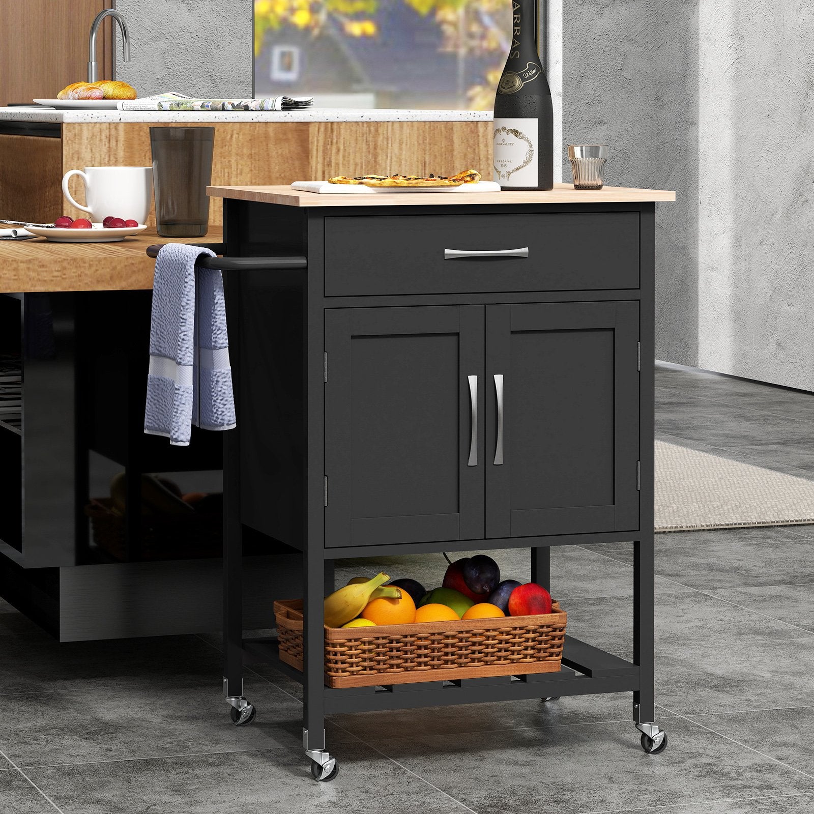 Rolling Kitchen Island Cart with Drawer and Towel Rack, Black Kitchen Islands & Carts   at Gallery Canada