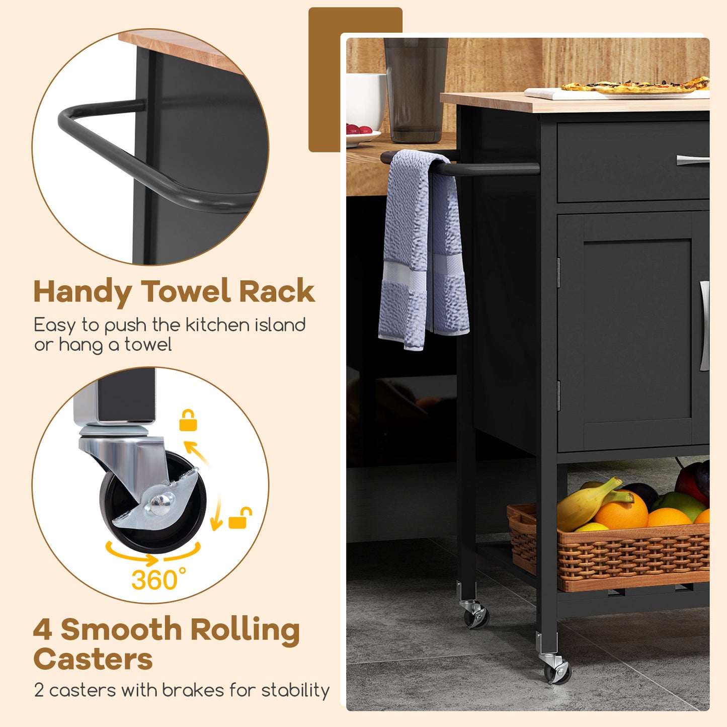 Rolling Kitchen Island Cart with Drawer and Towel Rack, Black Kitchen Islands & Carts   at Gallery Canada