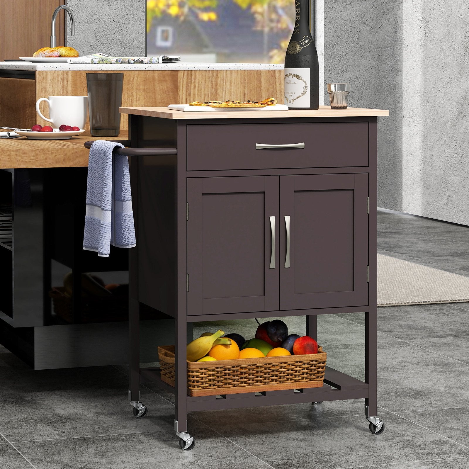 Rolling Kitchen Island Cart with Drawer and Towel Rack, Brown Kitchen Islands & Carts   at Gallery Canada