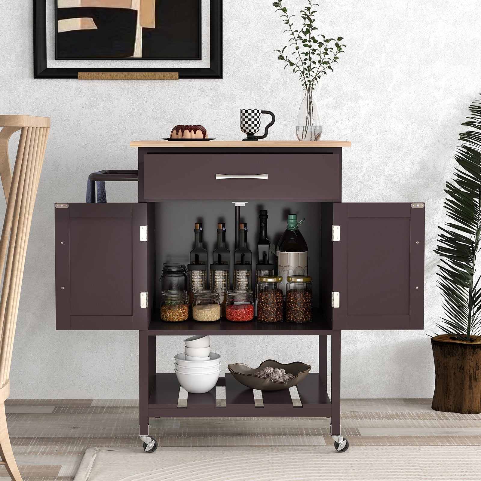 Rolling Kitchen Island Cart with Drawer and Towel Rack, Brown Kitchen Islands & Carts   at Gallery Canada