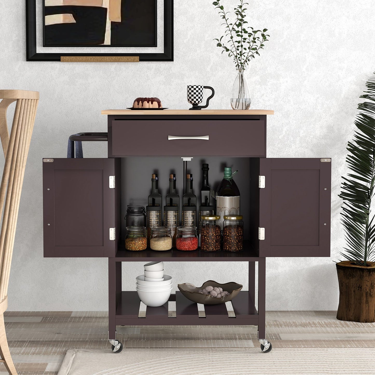 Rolling Kitchen Island Cart with Drawer and Towel Rack, Brown Kitchen Islands & Carts   at Gallery Canada