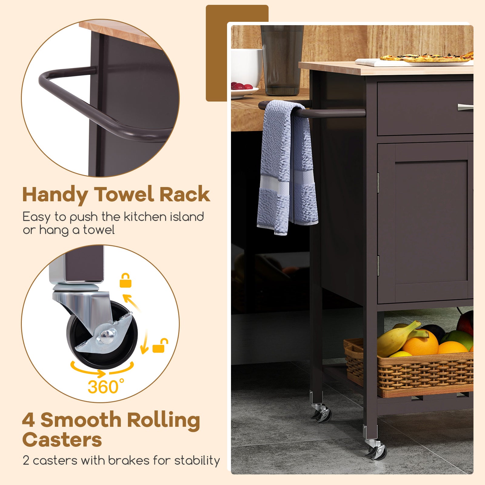 Rolling Kitchen Island Cart with Drawer and Towel Rack, Brown Kitchen Islands & Carts   at Gallery Canada