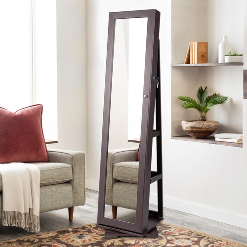 360° Rotatable 2-in-1 Lockable Jewelry Cabinet with Full-Length Mirror, Dark Brown