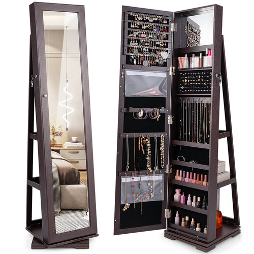 360° Rotatable 2-in-1 Lockable Jewelry Cabinet with Full-Length Mirror, Dark Brown