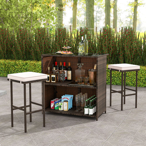 3 Pcs Patio Bar Set with Tempered Glass Tabletop, Brown