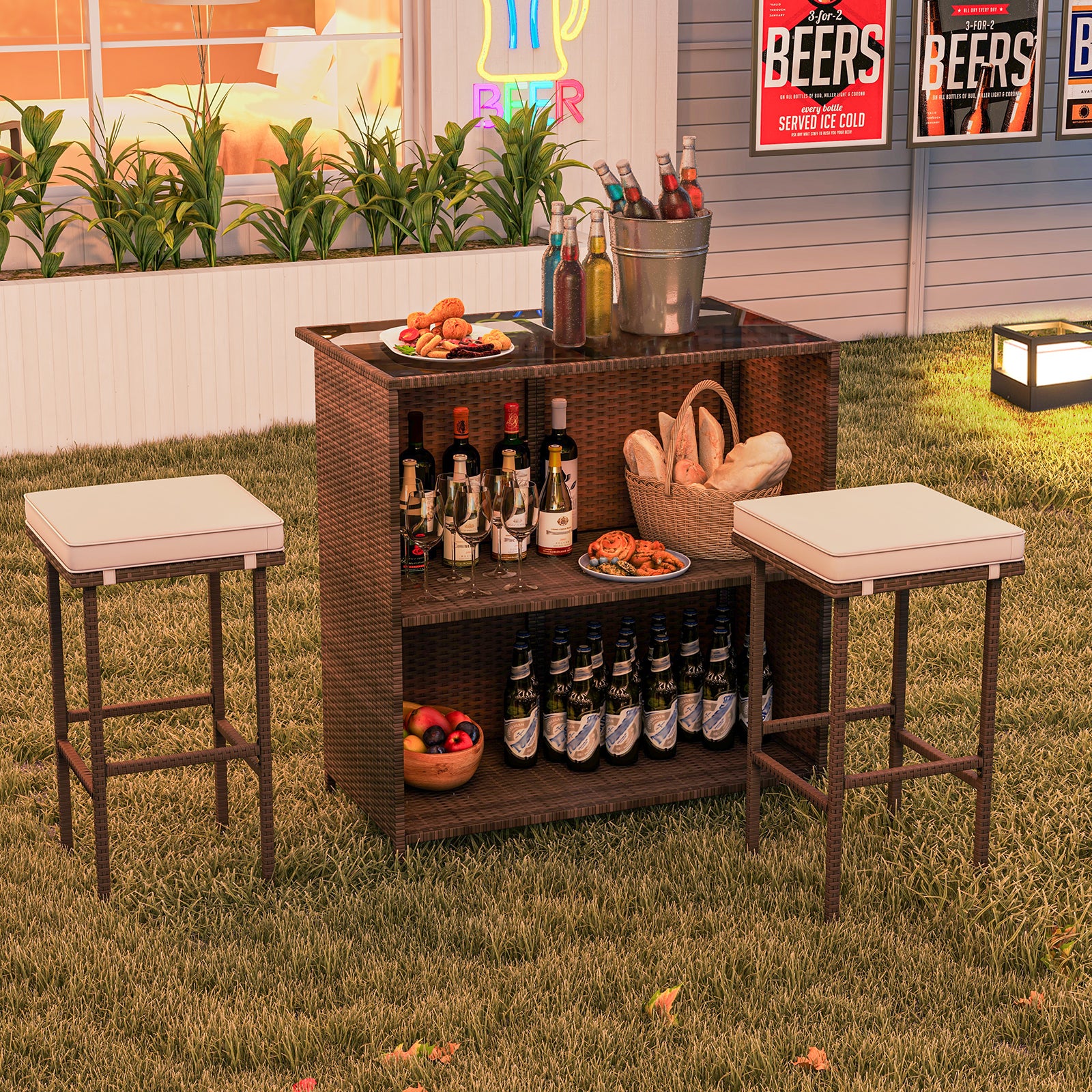 3 Pcs Patio Bar Set with Tempered Glass Tabletop, Brown Outdoor Sectionals at Gallery Canada