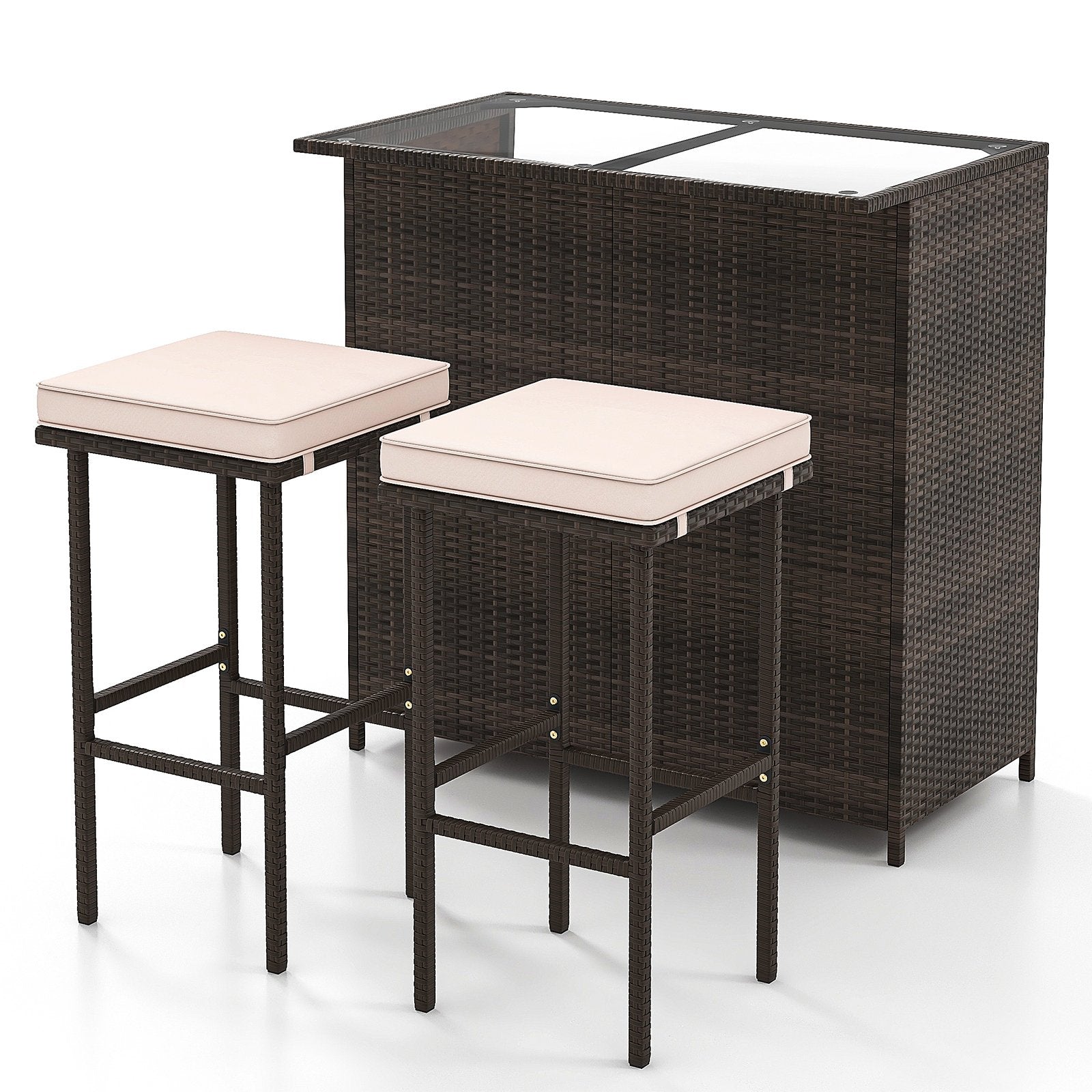 3 Pcs Patio Bar Set with Tempered Glass Tabletop, Brown Outdoor Sectionals Brown at Gallery Canada