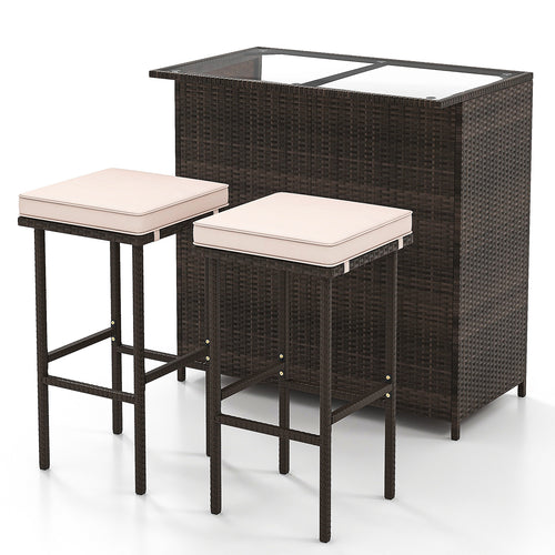 3 Pcs Patio Bar Set with Tempered Glass Tabletop, Brown