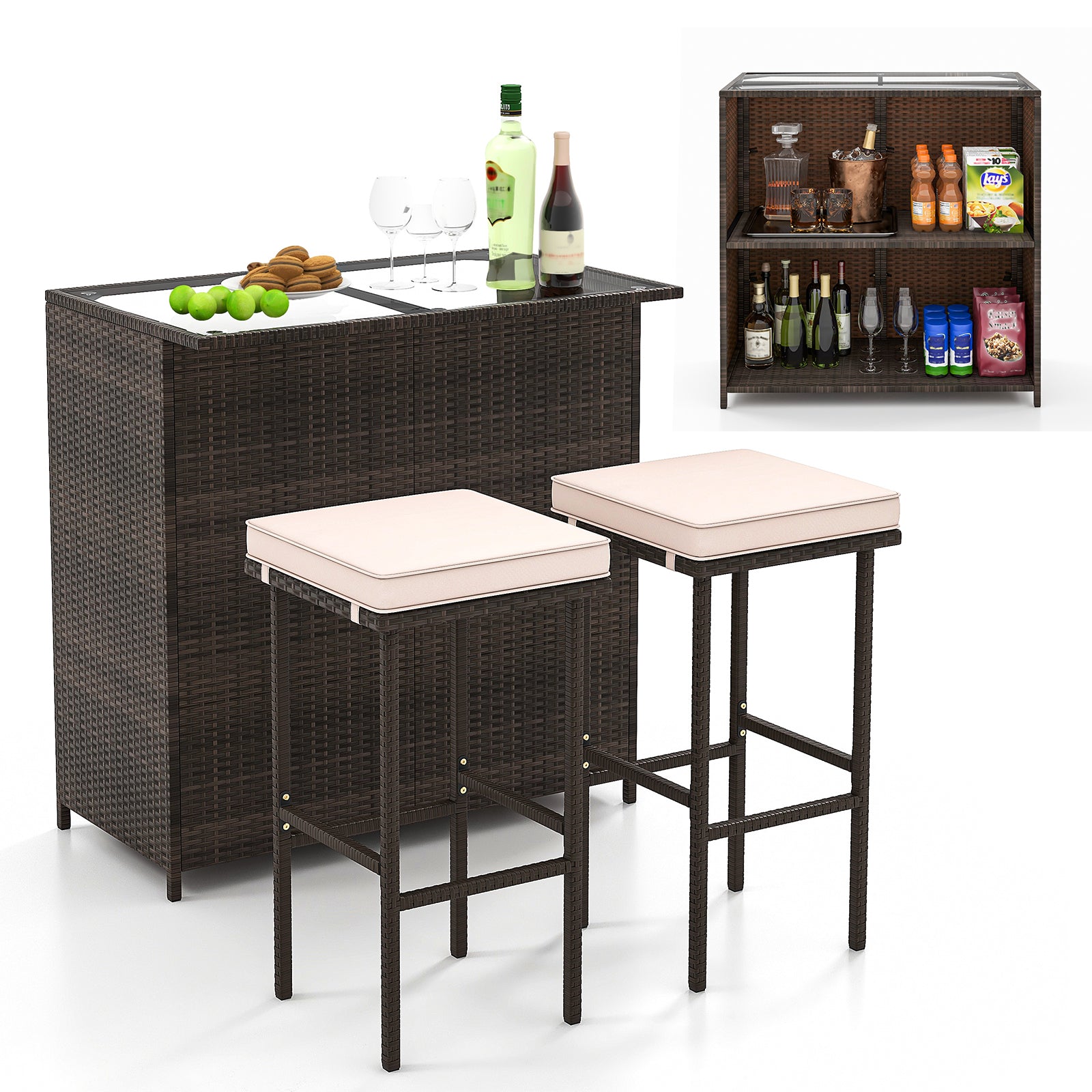 3 Pcs Patio Bar Set with Tempered Glass Tabletop, Brown Outdoor Sectionals at Gallery Canada