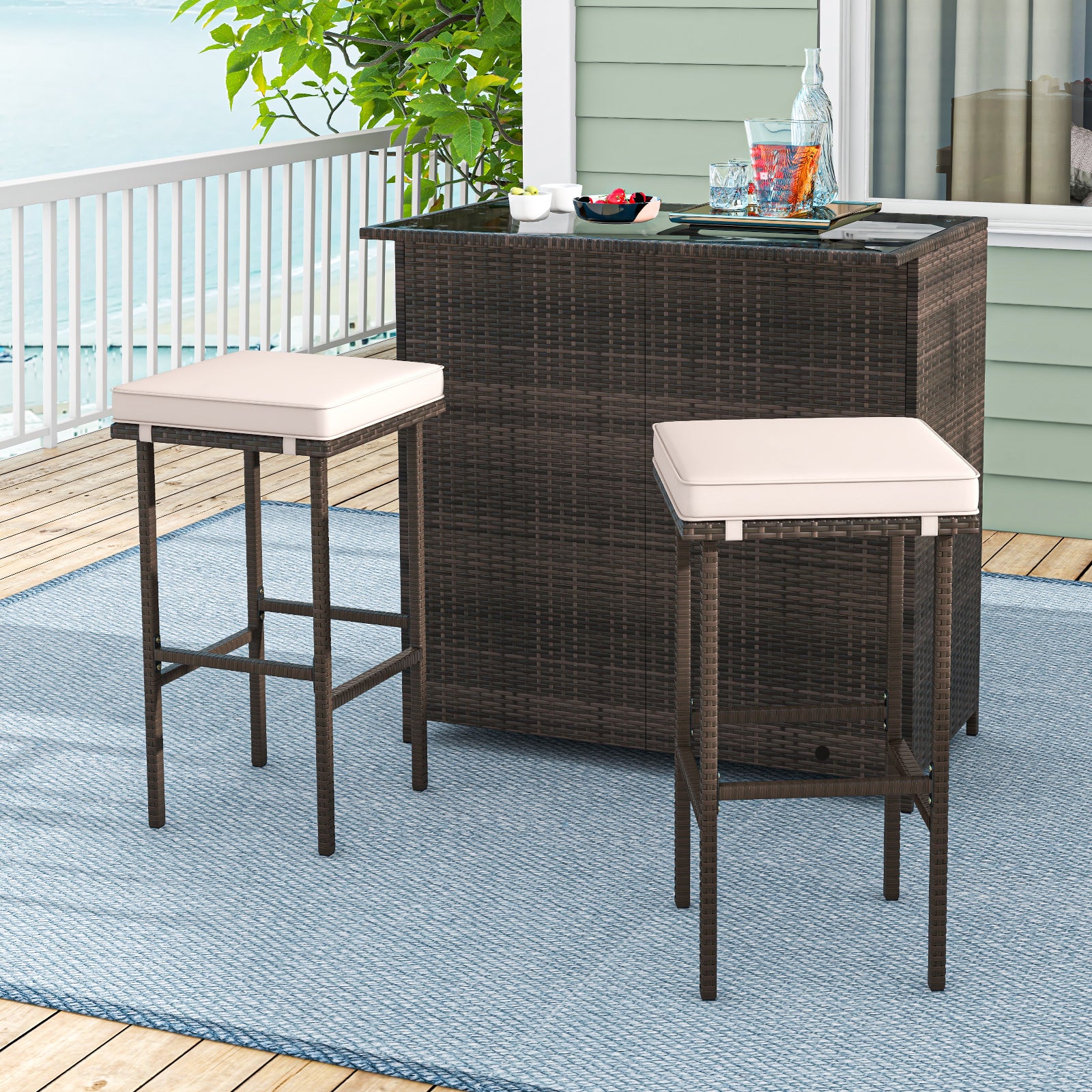 3 Pcs Patio Bar Set with Tempered Glass Tabletop, Brown Outdoor Sectionals at Gallery Canada