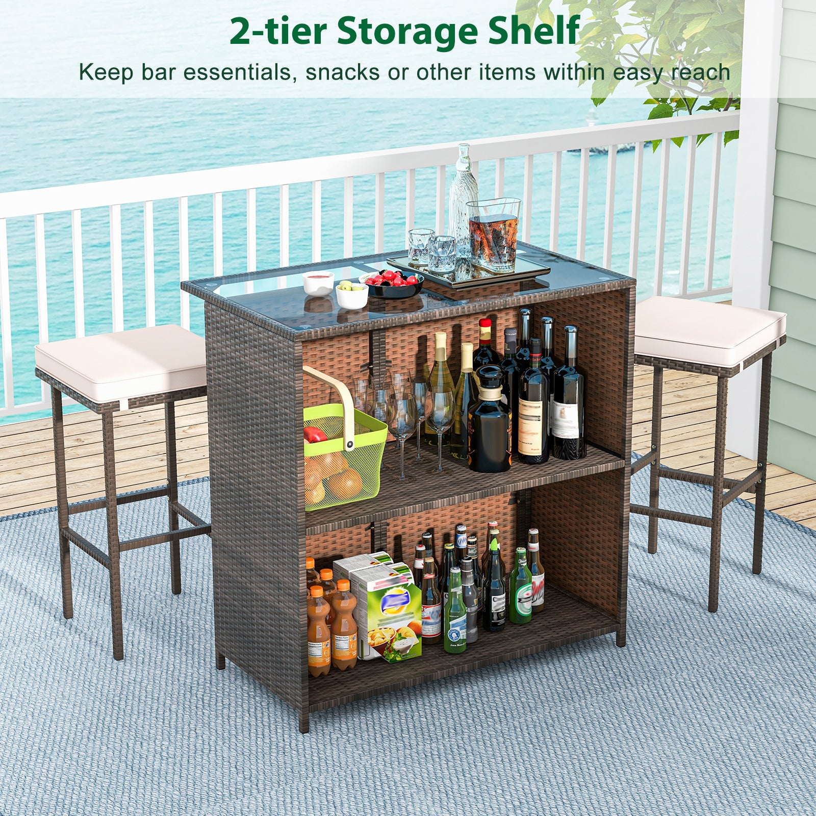 3 Pcs Patio Bar Set with Tempered Glass Tabletop, Brown Outdoor Sectionals at Gallery Canada