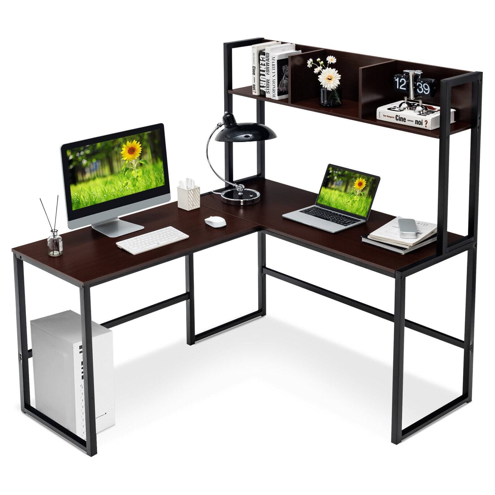 Reversible L-Shaped Corner Desk with Storage Bookshelf, Dark Brown L-Shaped Desks at Gallery Canada