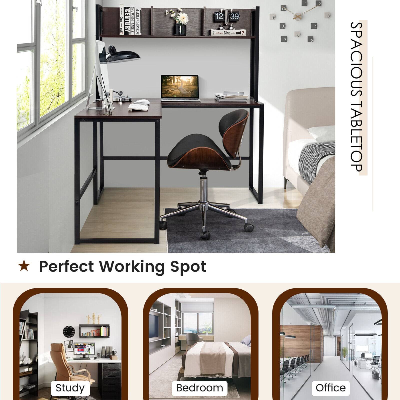 Reversible L-Shaped Corner Desk with Storage Bookshelf, Dark Brown L-Shaped Desks at Gallery Canada