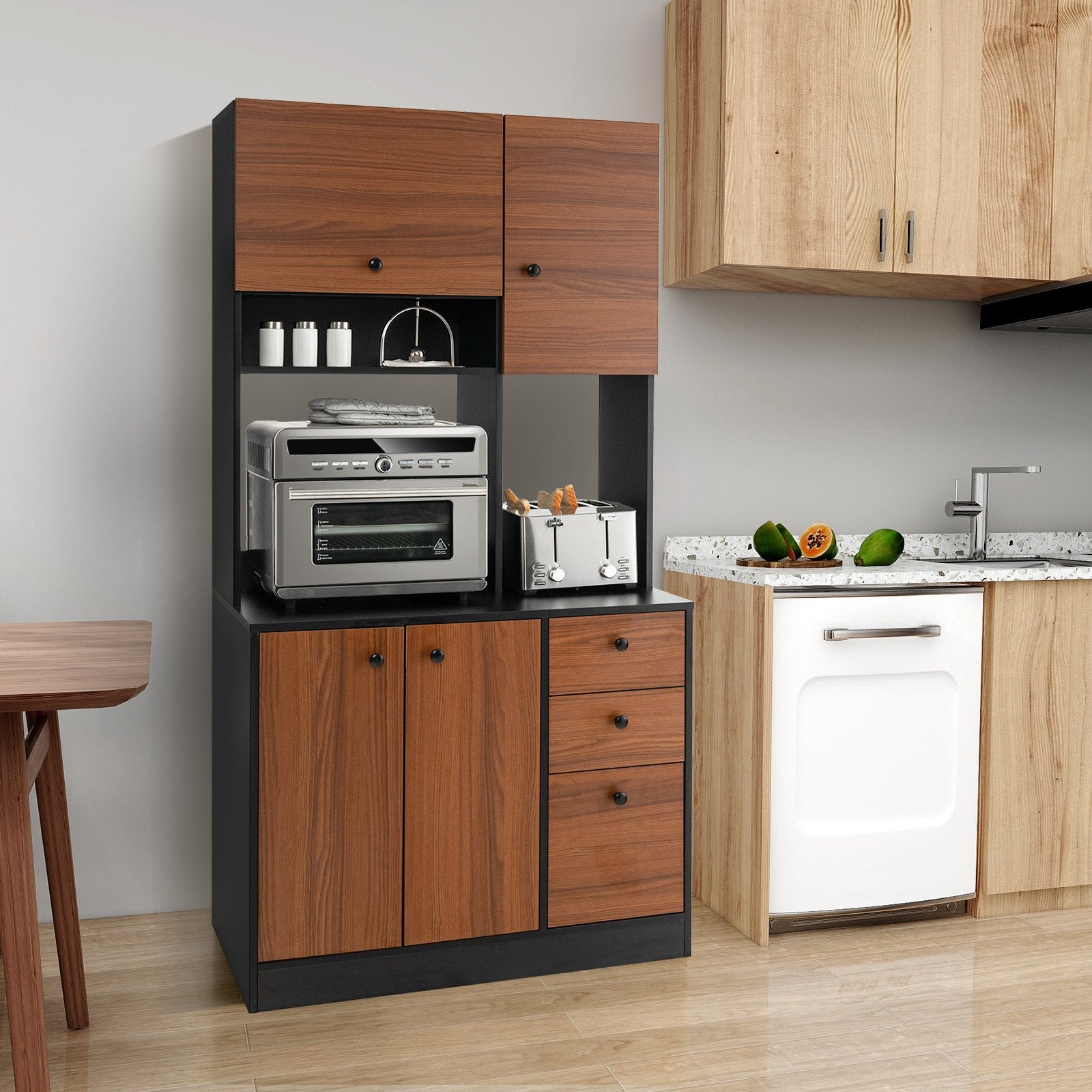 71 Inch Kitchen Pantry with 3 Storage Cabinet and 3 Deep Drawers, Black Sideboards Cabinets & Buffets   at Gallery Canada