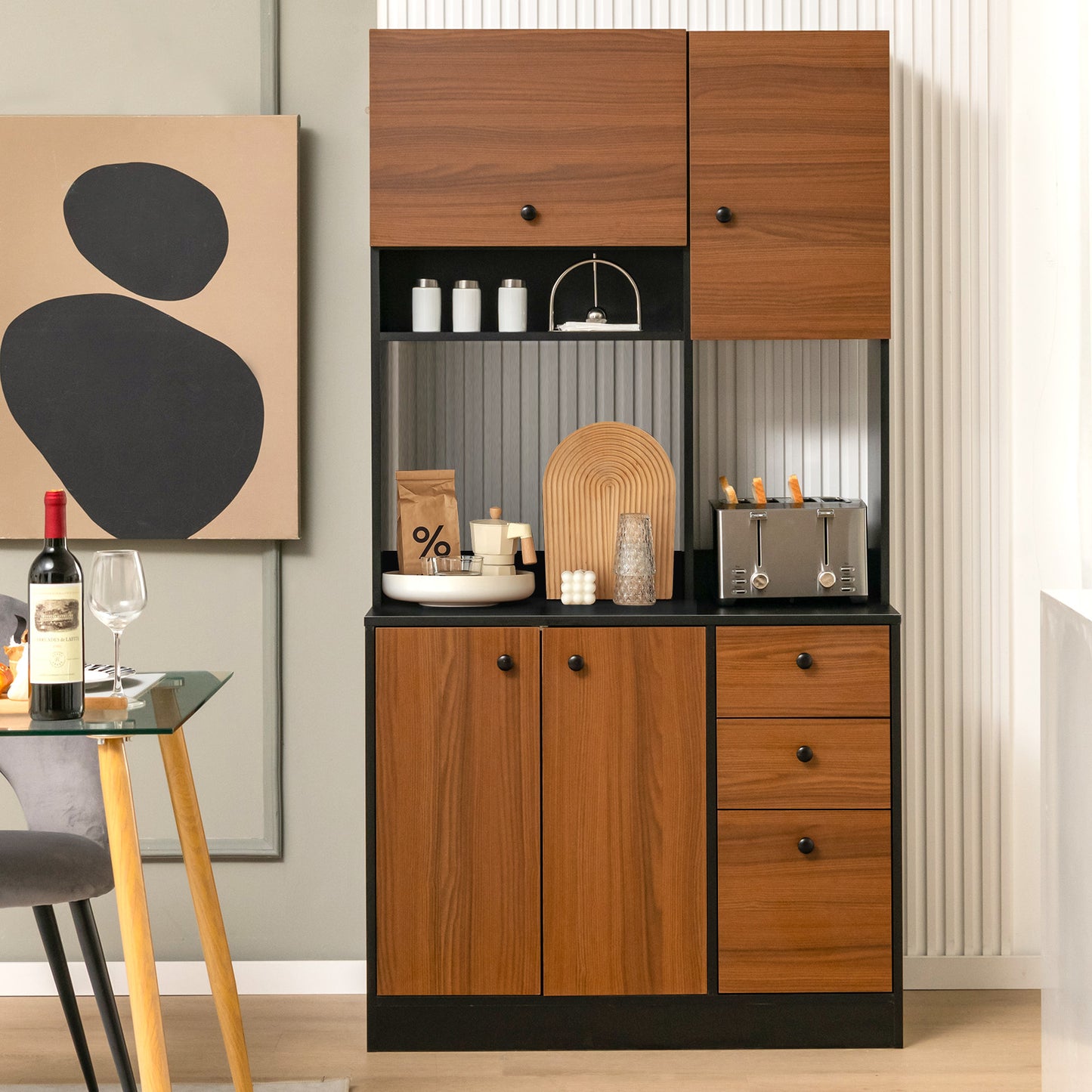 71 Inch Kitchen Pantry with 3 Storage Cabinet and 3 Deep Drawers, Black Sideboards Cabinets & Buffets   at Gallery Canada